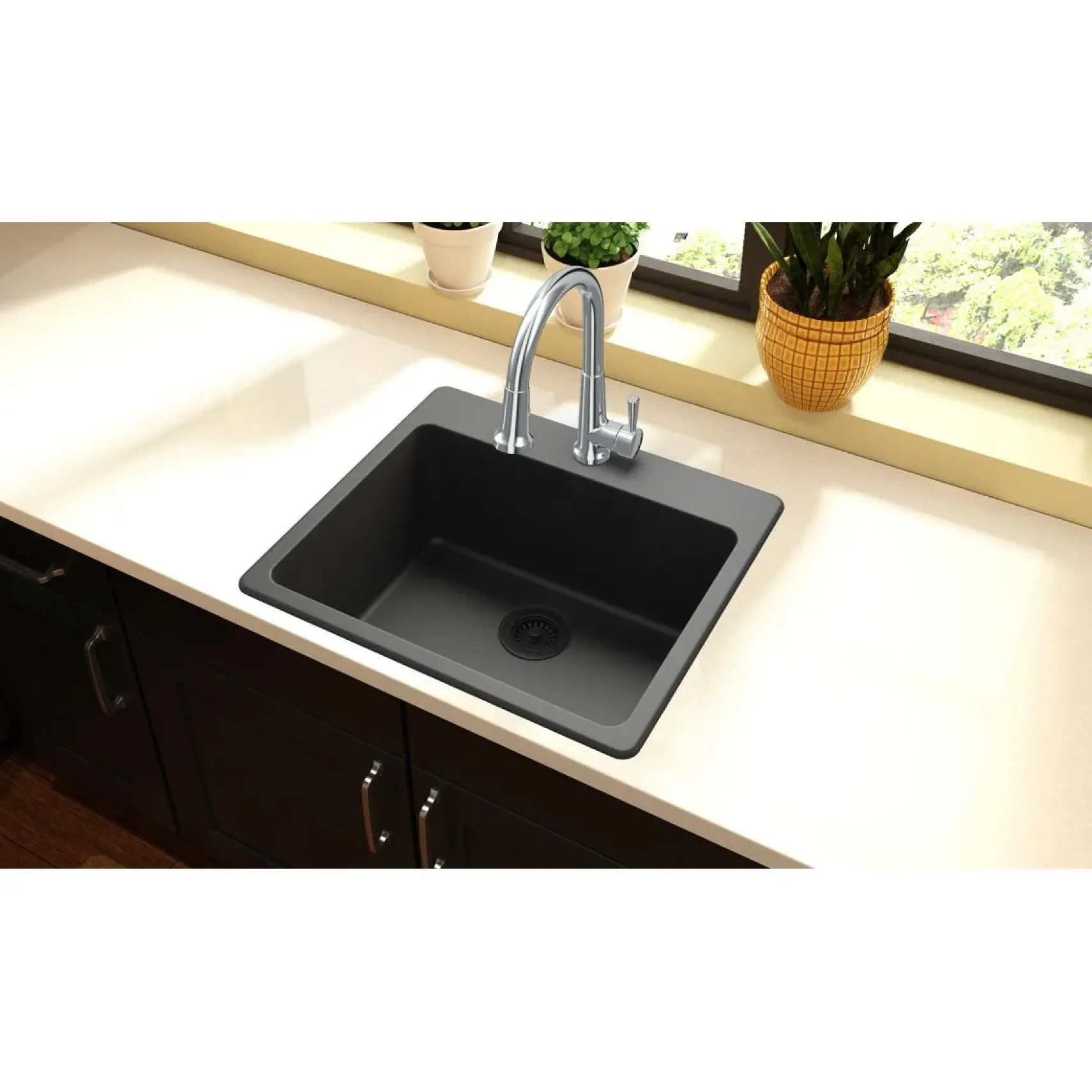 Elkay Classic 25" Quartz Kitchen Sink, Black, Pre-scored for up to 5 Faucet Hole, ELG2522BK0