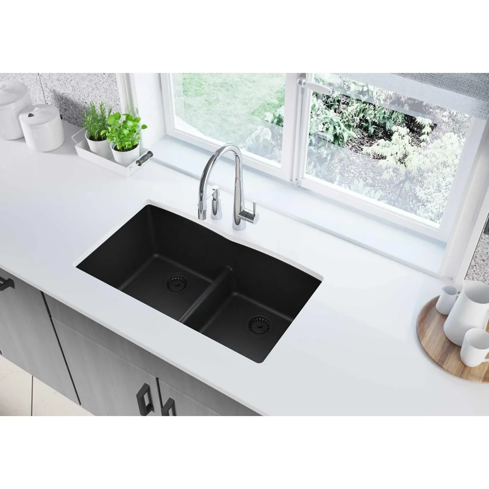 Elkay Classic 33" Quartz Kitchen Sink, 50/50 Double Bowl, Black, ELGDULB3322BK0