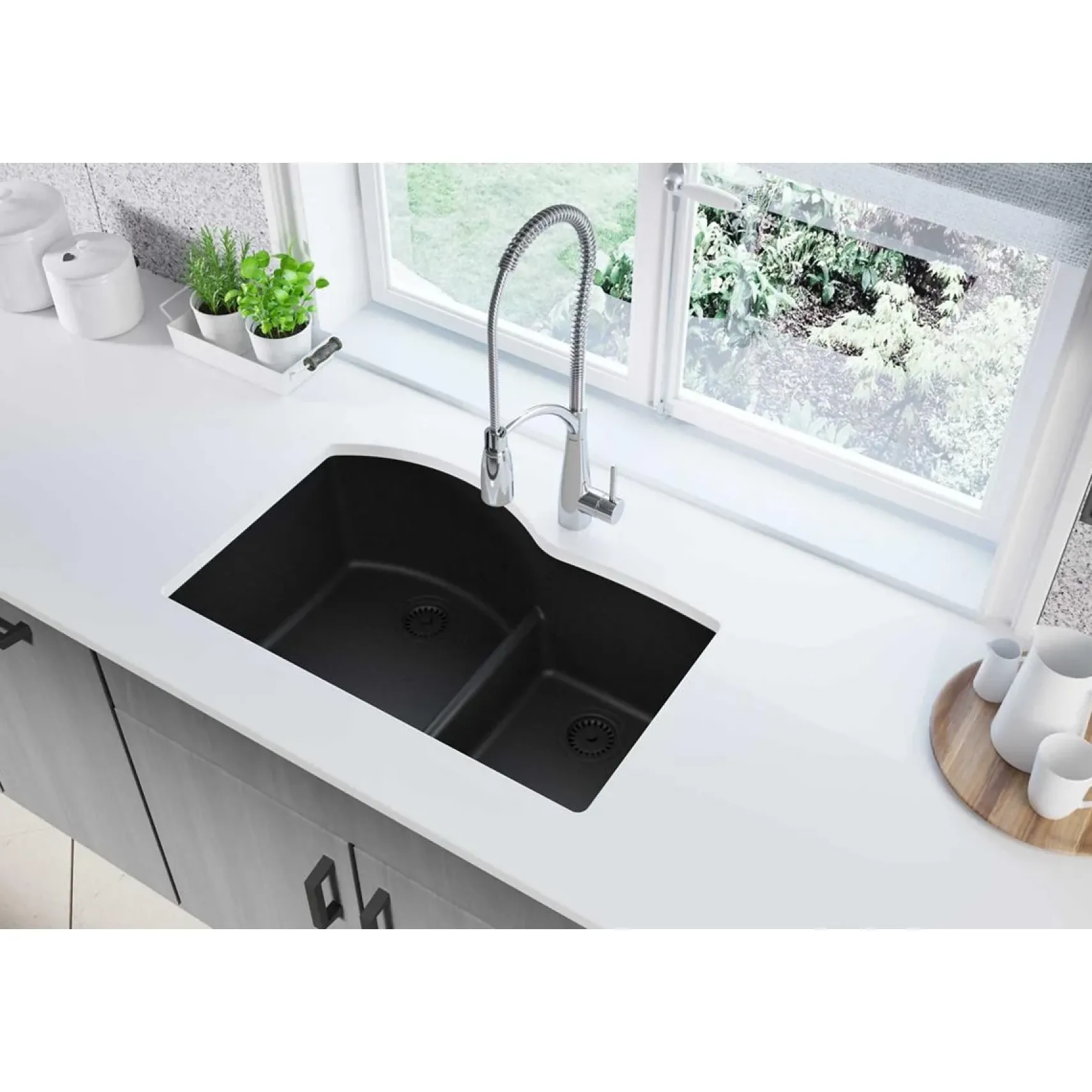 Elkay Classic 33" Quartz Kitchen Sink, 55/45 Double Bowl, Black, ELGHU3322RBK0
