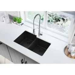 Elkay Classic 33" Quartz Kitchen Sink, 50/50 Double Bowl, Black, ELGU250RBK0