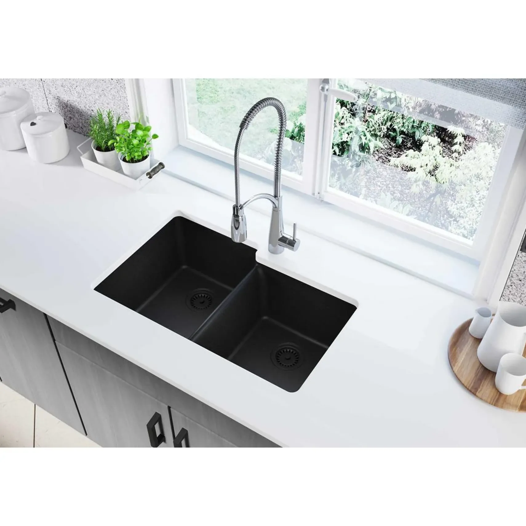 Elkay Classic 33" Quartz Kitchen Sink, 50/50 Double Bowl, Black, ELGU250RBK0