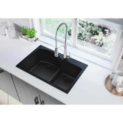 Elkay Classic 33" Quartz Kitchen Sink, 55/45 Double Bowl, Black, Pre-scored for up to 4 Faucet Hole, ELGH3322RBK0
