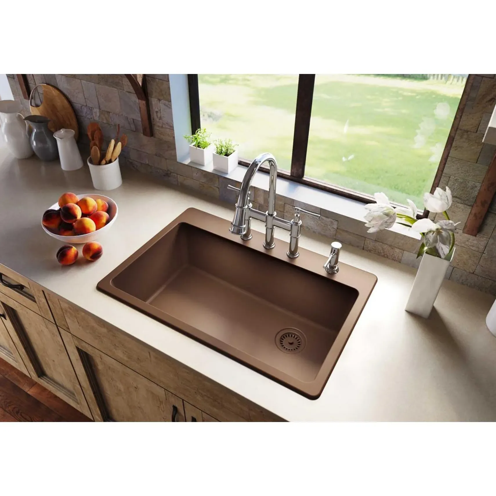 Elkay Classic 33" Quartz Kitchen Sink, Mocha, Pre-scored for up to 7 Faucet Hole, ELG13322MC0