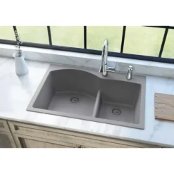 Elkay Classic 33" Quartz Kitchen Sink, 55/45 Double Bowl, Greystone, Pre-scored for up to 4 Faucet Hole, ELGH3322RGS0