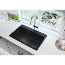 Elkay Classic 33" Quartz Kitchen Sink, Black, Pre-scored for up to 7 Faucet Hole, ELG13322BK0