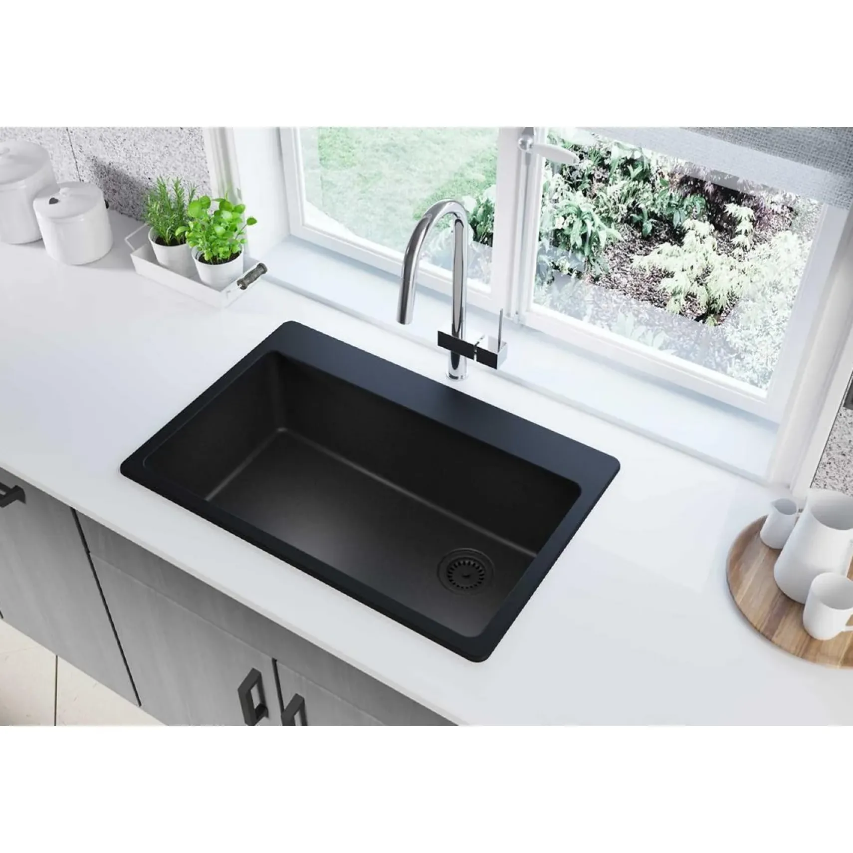 Elkay Classic 33" Quartz Kitchen Sink, Black, Pre-scored for up to 7 Faucet Hole, ELG13322BK0