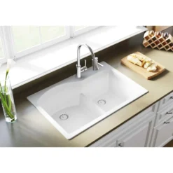 Elkay Classic 33" Quartz Kitchen Sink, 55/45 Double Bowl, White, Pre-scored for up to 4 Faucet Hole, ELGH3322RWH0