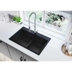 Elkay Classic 33" Quartz Kitchen Sink, 50/50 Double Bowl, Black, Pre-scored for up to 5 Faucet Hole, ELGDLB3322BK0