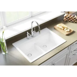 Elkay Classic 33" Quartz Kitchen Sink, 50/50 Double Bowl, White, Pre-scored for up to 5 Faucet Hole, ELGDLB3322WH0