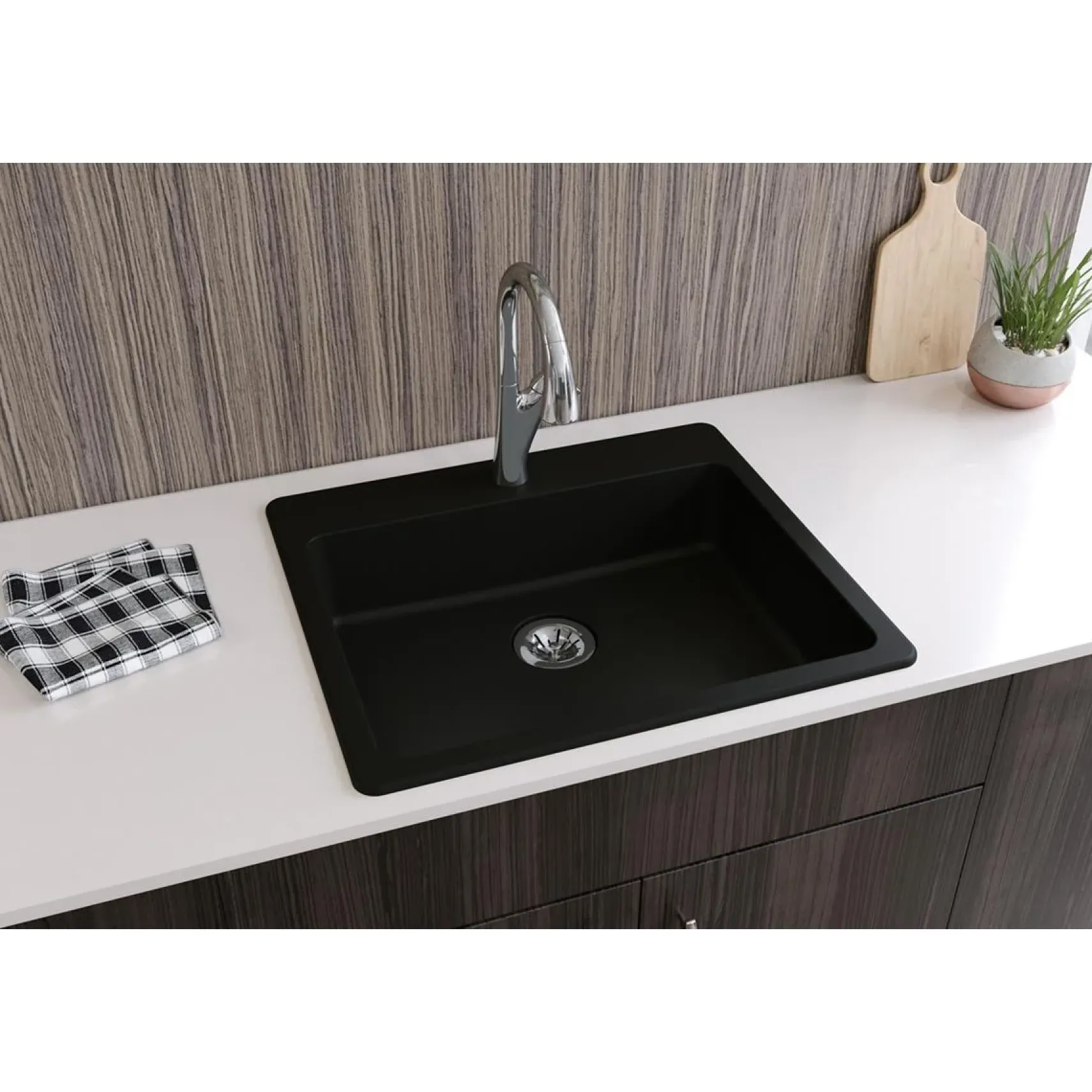Elkay Classic 25" Quartz Kitchen Sink, Black, Pre-scored for up to 5 Faucet Hole, ELGAD2522PDBK0