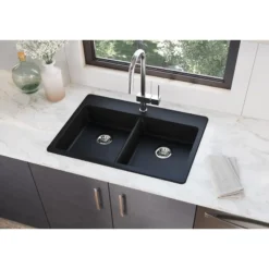 Elkay Classic 33" Quartz Kitchen Sink, 50/50 Double Bowl, Black, Pre-scored for up to 5 Faucet Hole, ELGAD3322PDBK0
