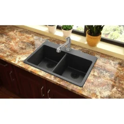 Elkay Classic 33" Quartz Kitchen Sink, 50/50 Double Bowl, Black, Pre-scored for up to 5 Faucet Hole, ELG3322BK0