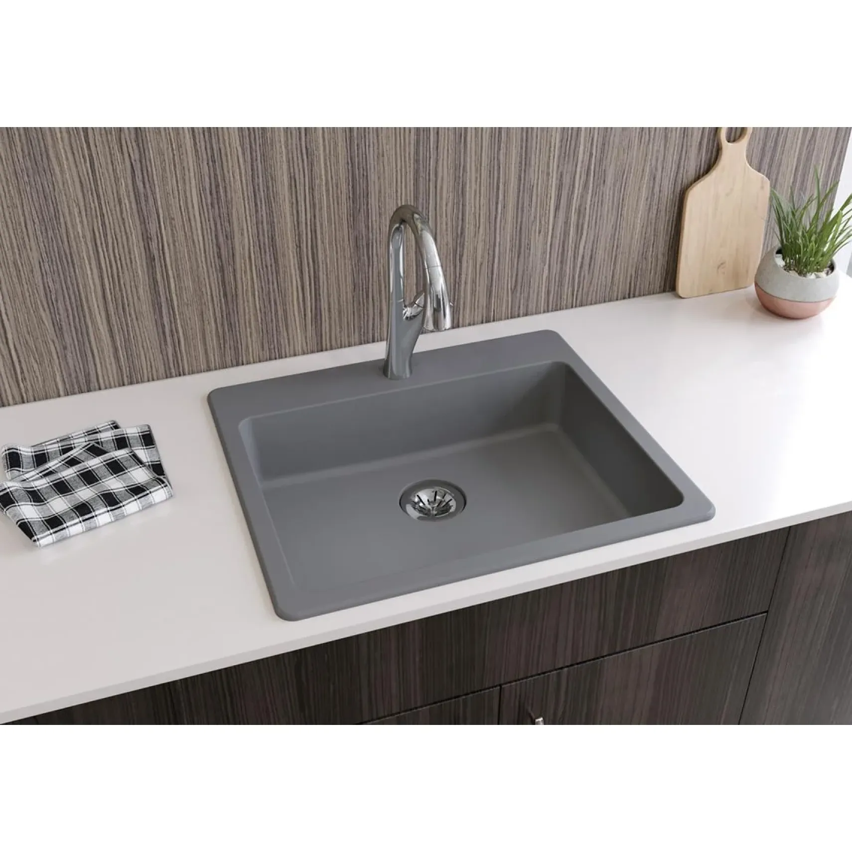 Elkay Classic 25" Quartz Kitchen Sink, Greystone, Pre-scored for up to 5 Faucet Hole, ELGAD2522PDGS0