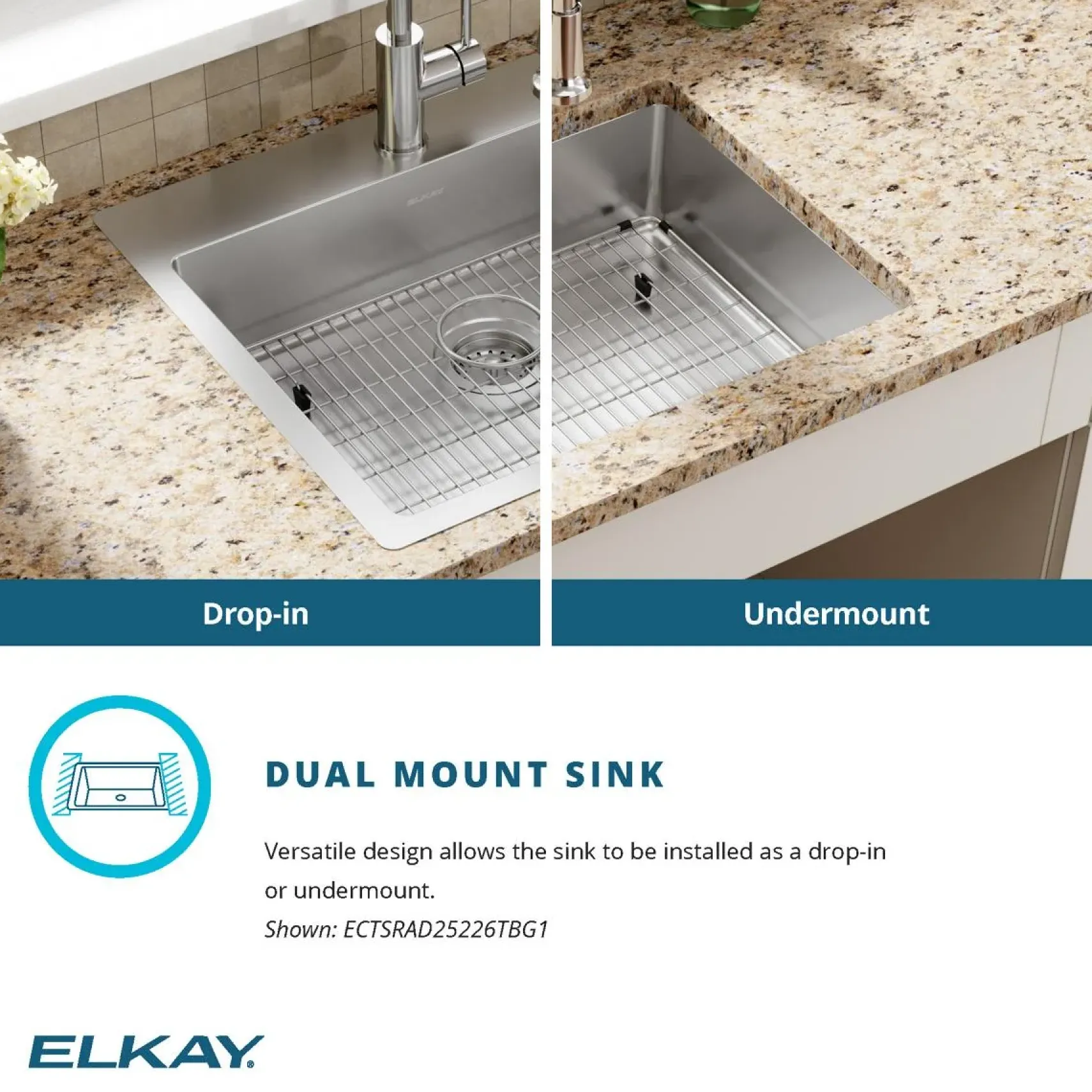 Elkay Crosstown 25" Dual Mount Stainless Steel ADA Kitchen Sink Kit, Single Bowl, Polished Satin, 1 Faucet Hole, ECTSRAD25226TBG1