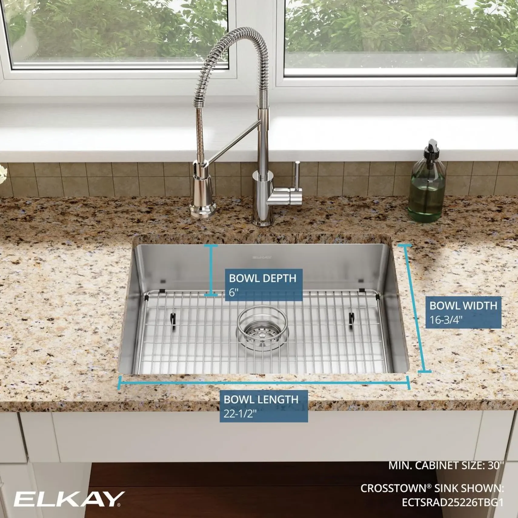 Elkay Crosstown 25" Dual Mount Stainless Steel ADA Kitchen Sink Kit, Single Bowl, Polished Satin, 1 Faucet Hole, ECTSRAD25226TBG1