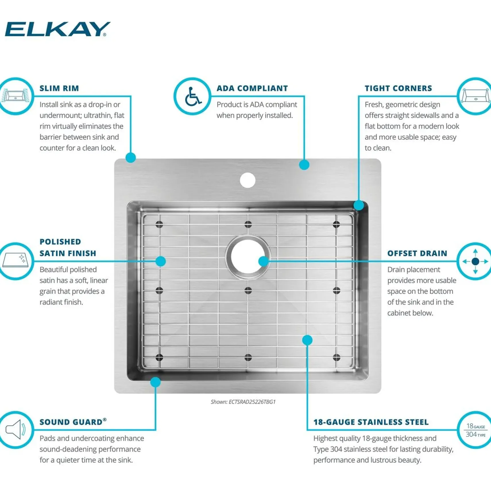 Elkay Crosstown 25" Dual Mount Stainless Steel ADA Kitchen Sink Kit, Single Bowl, Polished Satin, 1 Faucet Hole, ECTSRAD25226TBG1