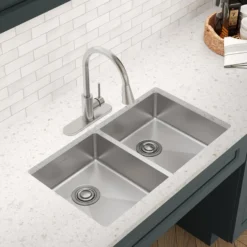 Elkay Crosstown 33" Dual Mount Stainless Steel ADA Kitchen Sink, 50/50 Double Bowl, Polished Satin, 1 Faucet Hole, ECTSRAD3322601