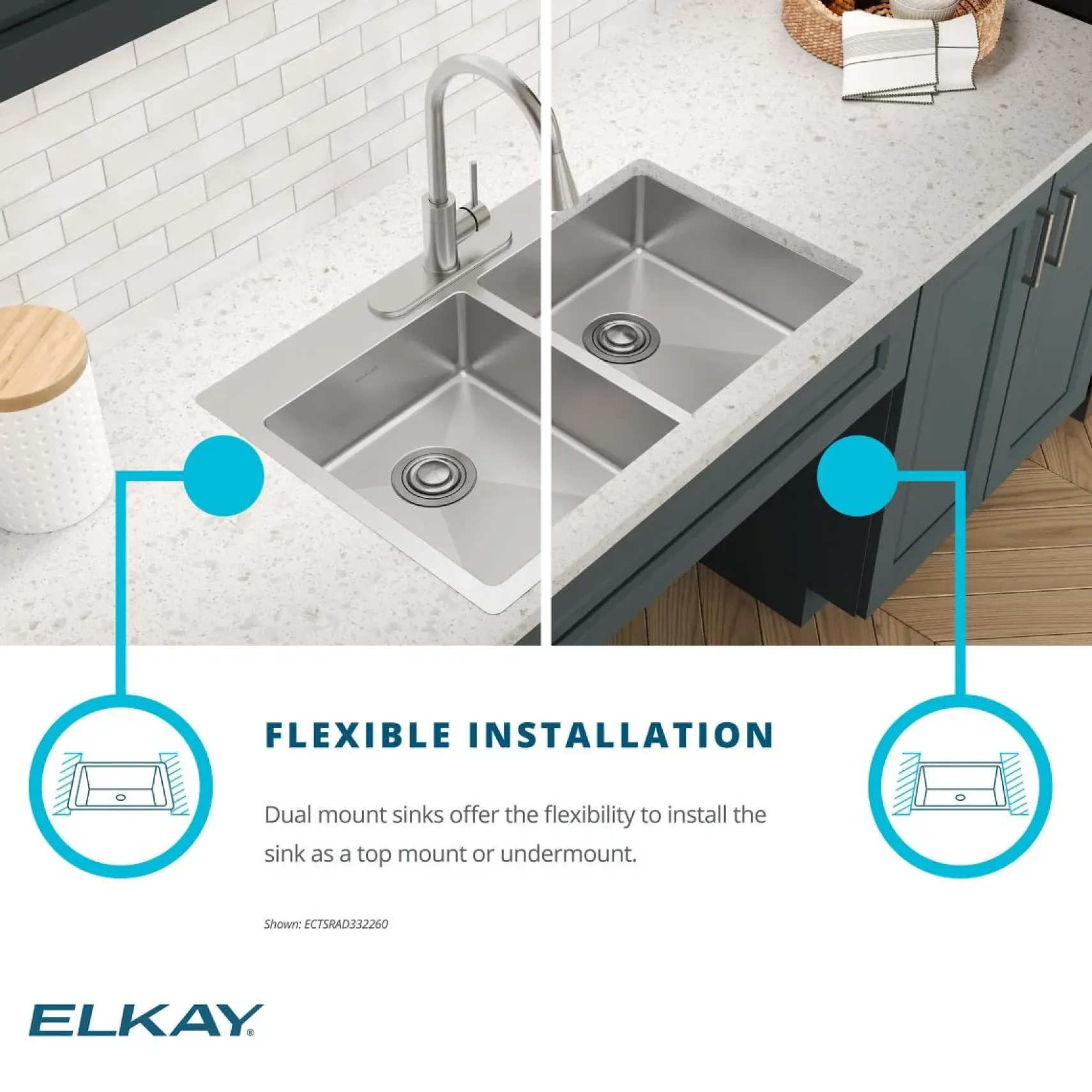 Elkay Crosstown 33" Dual Mount Stainless Steel ADA Kitchen Sink, 50/50 Double Bowl, Polished Satin, 1 Faucet Hole, ECTSRAD3322601