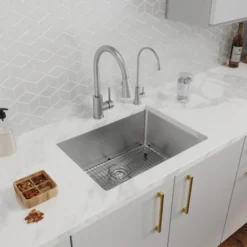 Elkay Crosstown 25" Dual Mount Stainless Steel Kitchen Sink Kit with Faucet, Custom Faucet Holes, ECTSR25229TFGB