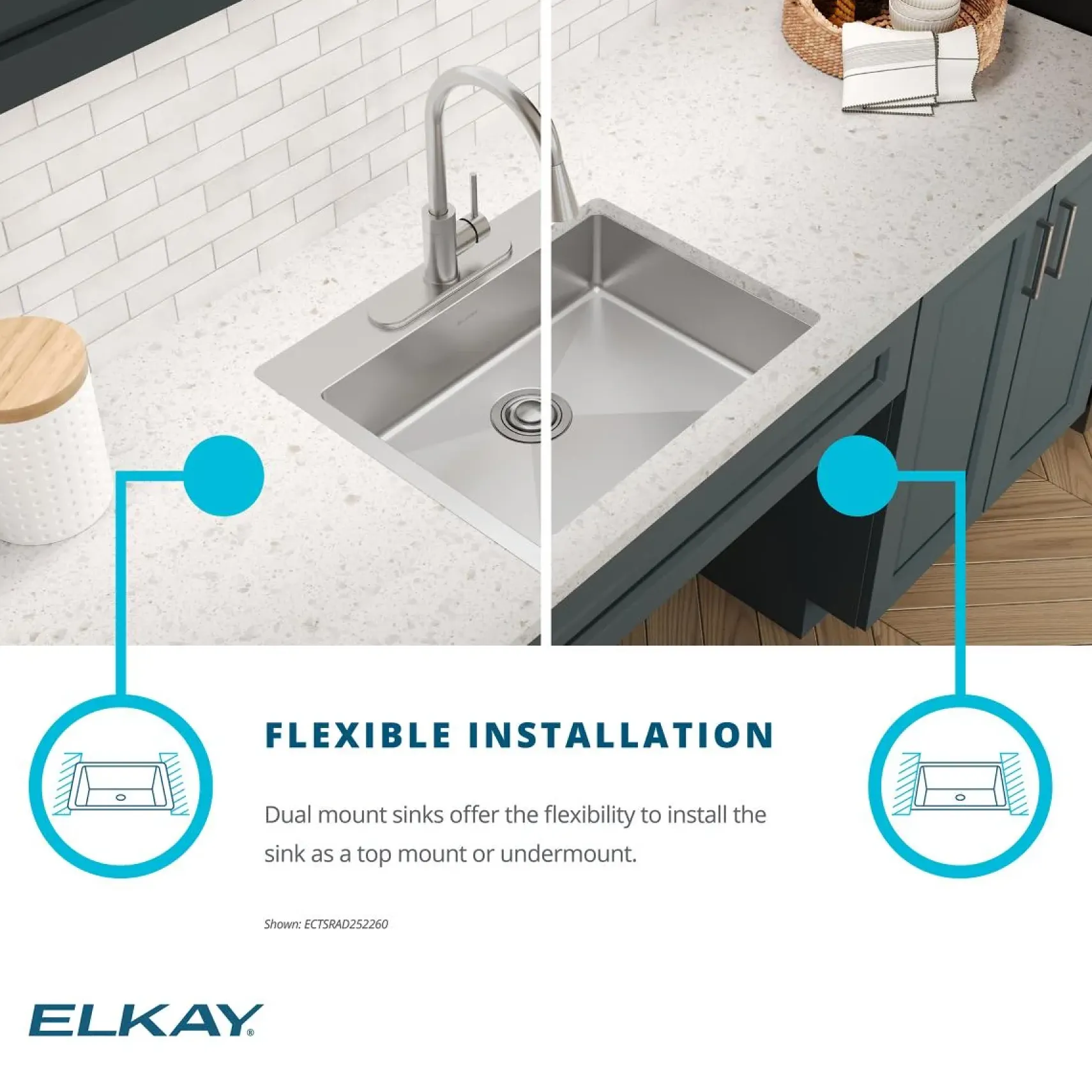Elkay Crosstown 25" Dual Mount Stainless Steel ADA Kitchen Sink, Polished Satin, 1 Faucet Hole, ECTSRAD2522601