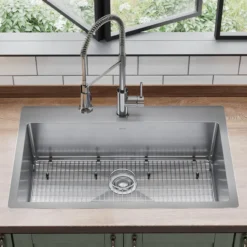 Elkay Crosstown 33" Dual Mount Stainless Steel Kitchen Sink Kit with Faucet, Polished Satin, 1 Faucet Hole, ECTSRS33229TFC