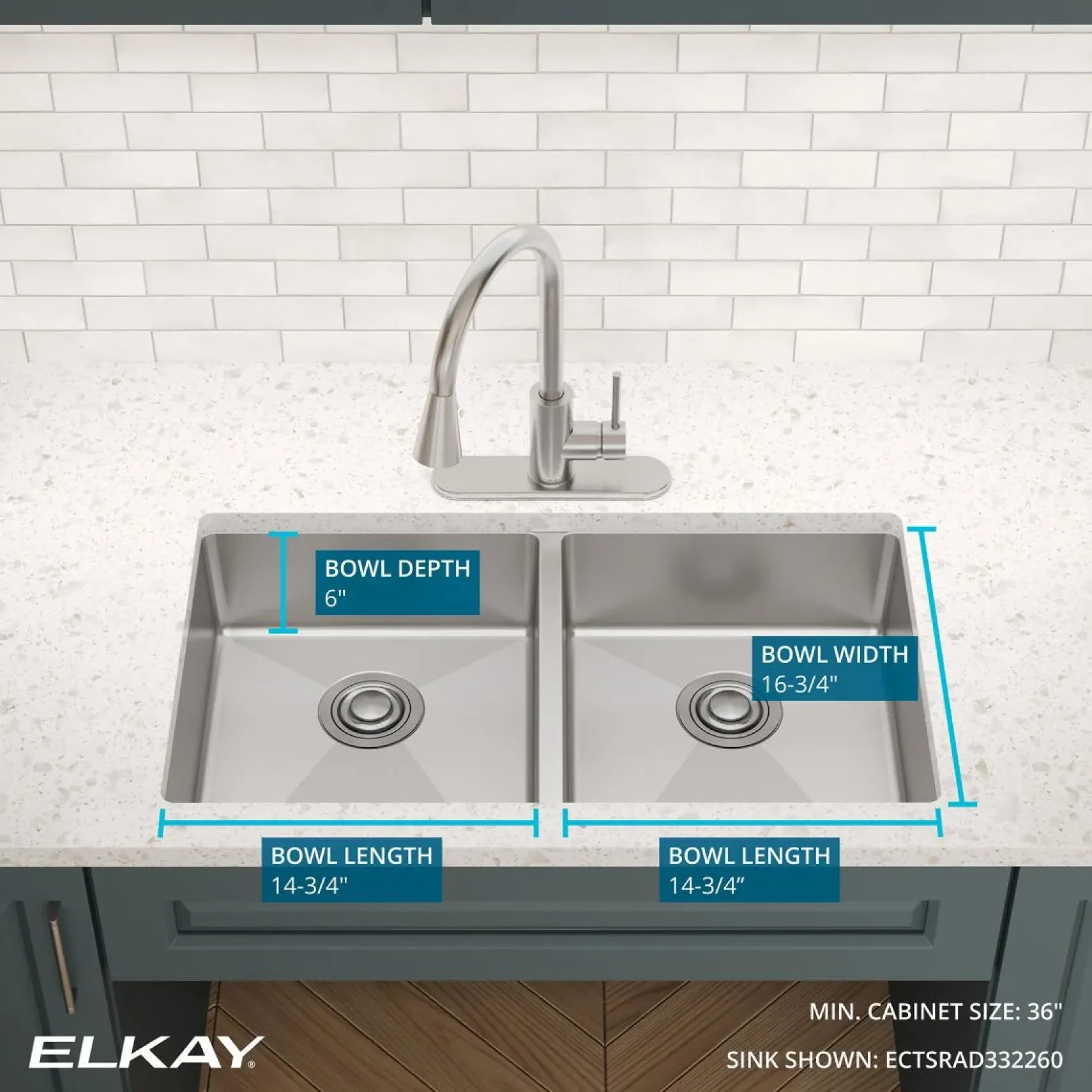 Elkay Crosstown 33" Dual Mount Stainless Steel ADA Kitchen Sink, 50/50 Double Bowl, Polished Satin, 3 Faucet Holes, ECTSRAD3322603