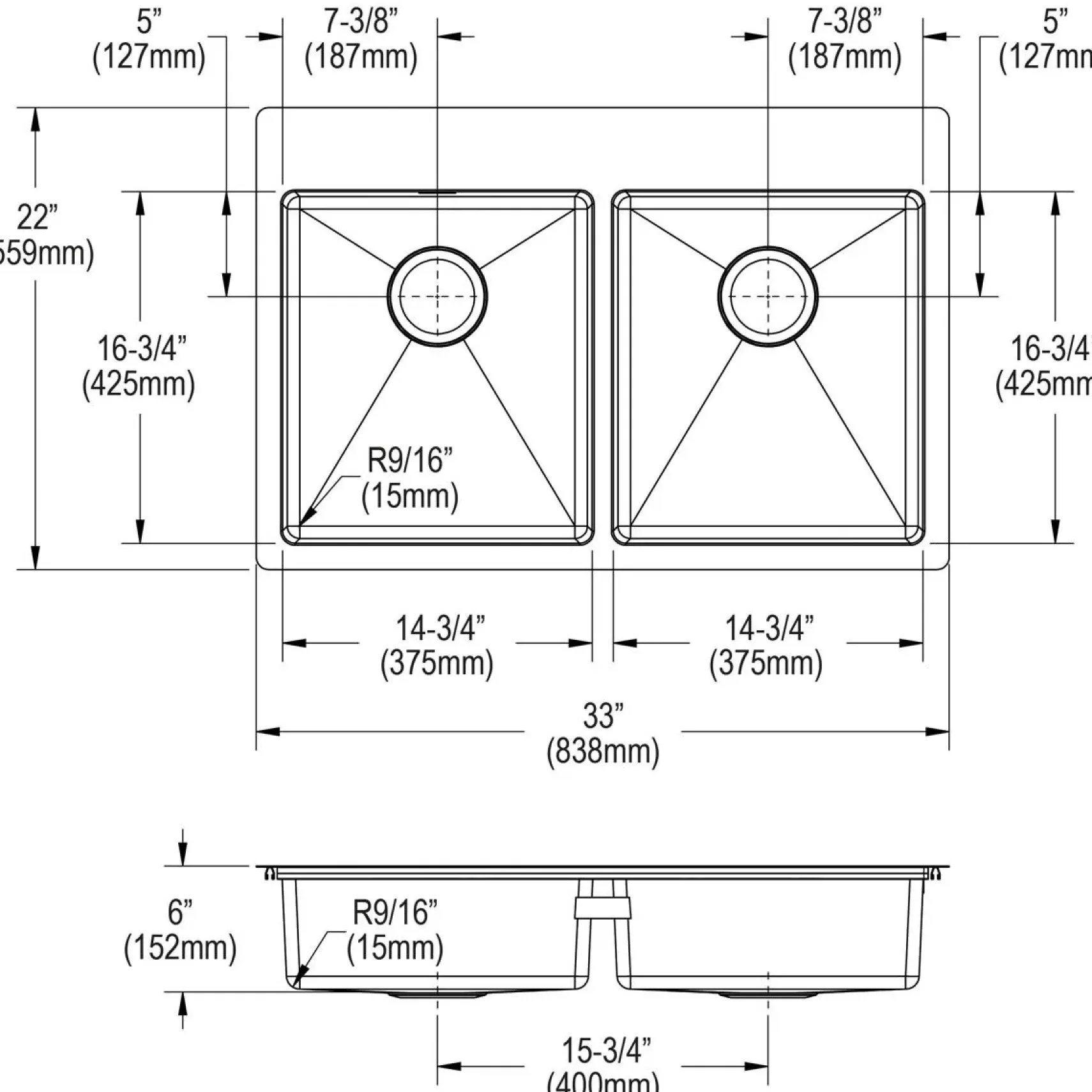 Elkay Crosstown 33" Dual Mount Stainless Steel ADA Kitchen Sink, 50/50 Double Bowl, Polished Satin, 3 Faucet Holes, ECTSRAD3322603