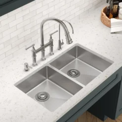Elkay Crosstown 33" Dual Mount Stainless Steel ADA Kitchen Sink, 50/50 Double Bowl, Polished Satin, 5 Faucet Holes, ECTSRAD3322605