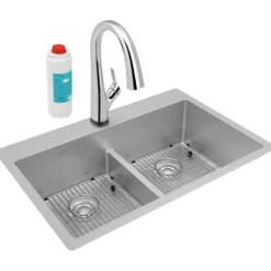 Elkay Crosstown 33" Dual Mount Stainless Steel Kitchen Sink Kit with Faucet, 50/50 with Aqua Divide Double Bowl, 18 Gauge, ECTSRA33229TFLC