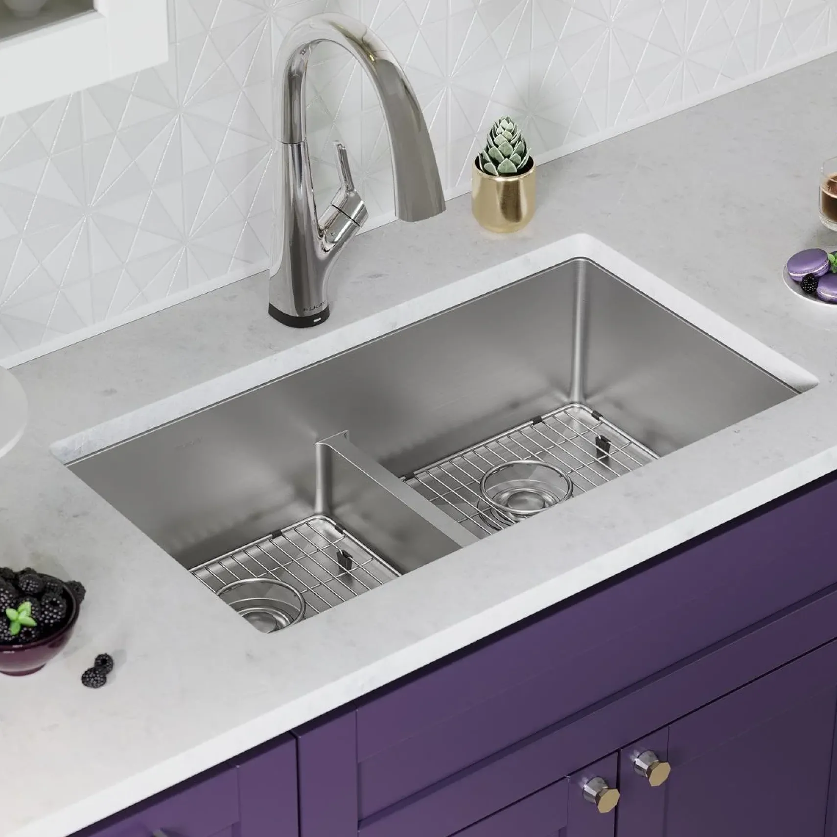 Elkay Crosstown 33" Dual Mount Stainless Steel Kitchen Sink Kit with Faucet, 50/50 with Aqua Divide Double Bowl, 18 Gauge, ECTSRA33229TFLC
