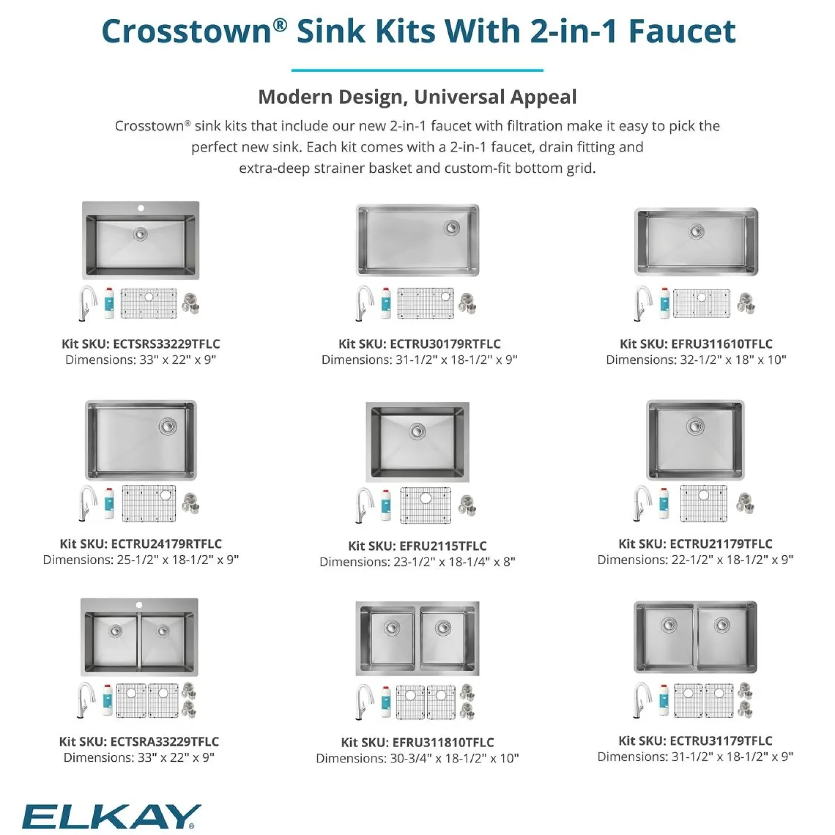 Elkay Crosstown 33" Dual Mount Stainless Steel Kitchen Sink Kit with Faucet, 50/50 with Aqua Divide Double Bowl, 18 Gauge, ECTSRA33229TFLC