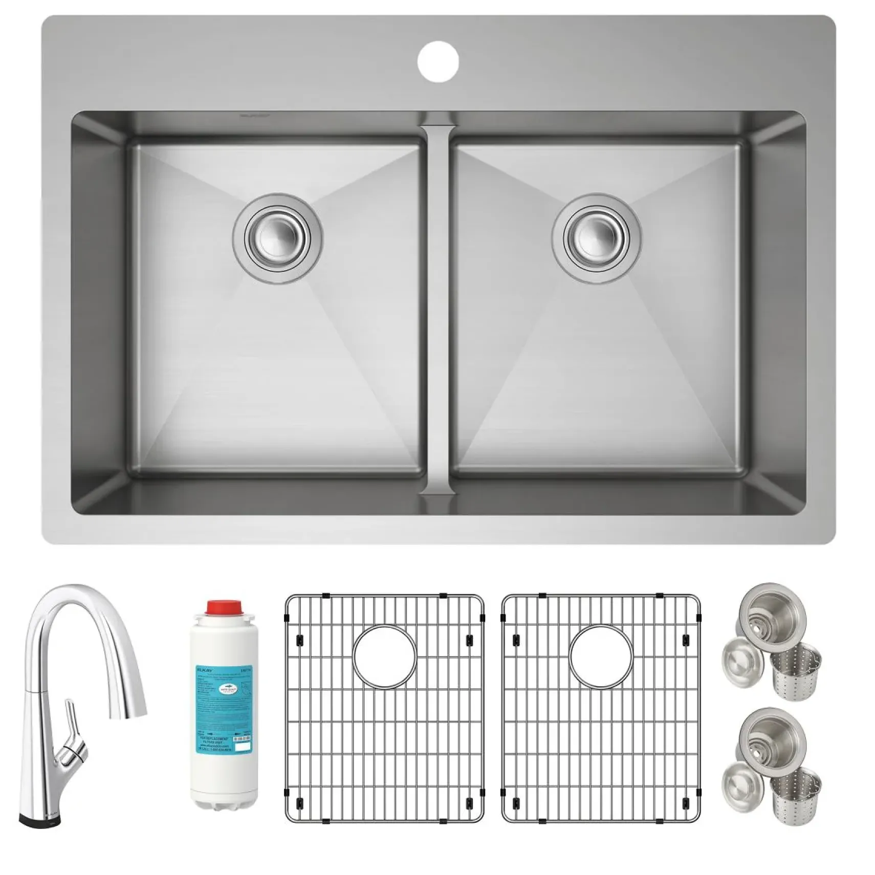 Elkay Crosstown 33" Dual Mount Stainless Steel Kitchen Sink Kit with Faucet, 50/50 with Aqua Divide Double Bowl, 18 Gauge, ECTSRA33229TFLC