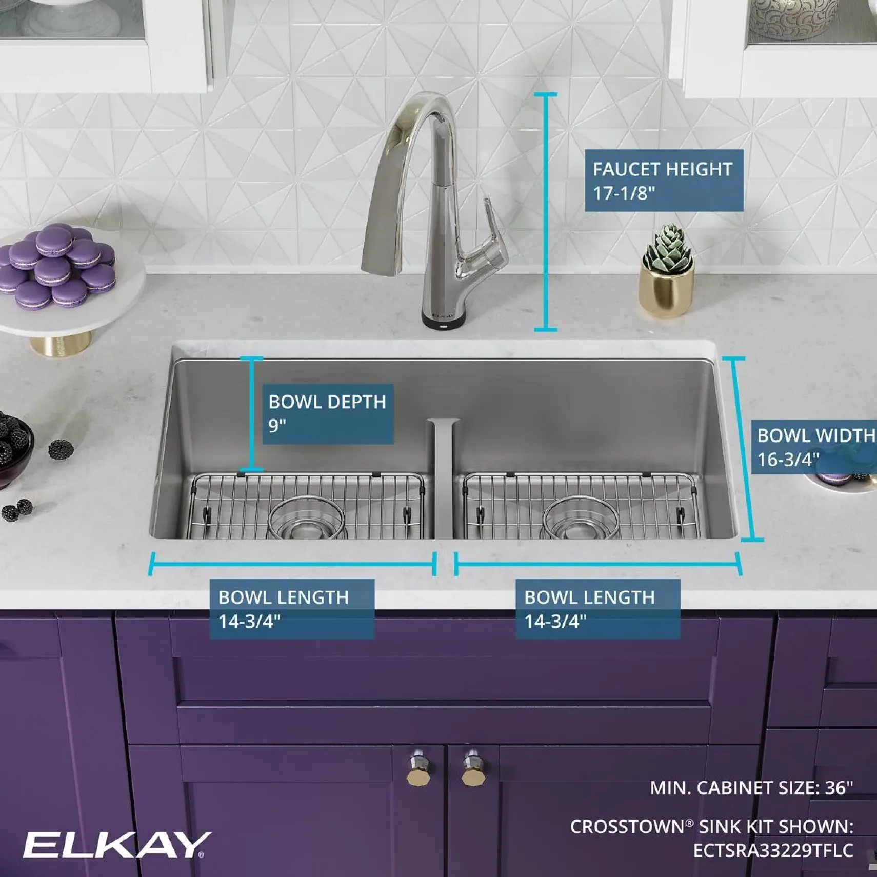 Elkay Crosstown 33" Dual Mount Stainless Steel Kitchen Sink Kit with Faucet, 50/50 with Aqua Divide Double Bowl, 18 Gauge, ECTSRA33229TFLC