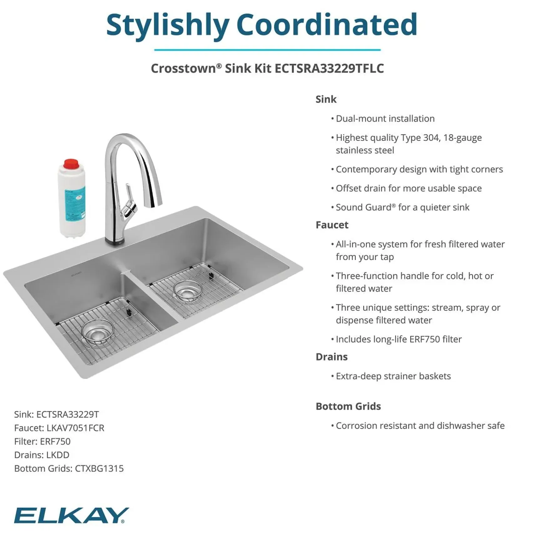 Elkay Crosstown 33" Dual Mount Stainless Steel Kitchen Sink Kit with Faucet, 50/50 with Aqua Divide Double Bowl, 18 Gauge, ECTSRA33229TFLC