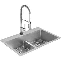 Elkay Crosstown 33" Dual Mount Stainless Steel Kitchen Sink Kit with Faucet, 50/50 with Aqua Divide Double Bowl, Polished Satin, 1 Faucet Hole, ECTSRA33229TFC
