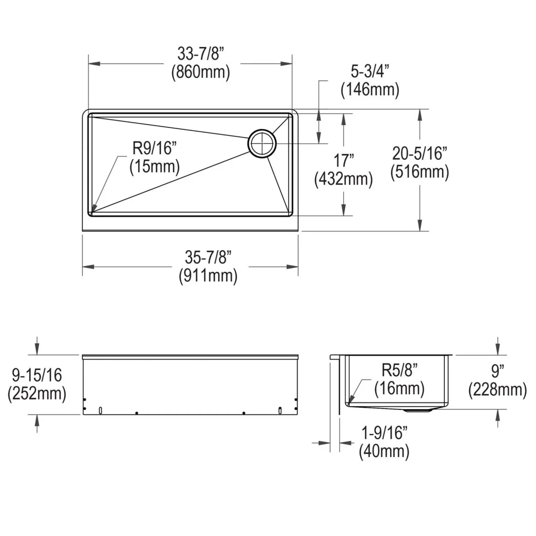 Elkay Crosstown 36" Stainless Steel Farmhouse Kitchen Sink for Interchangeable Apron, 16 Gauge, Polished Satin, CTXF134179R