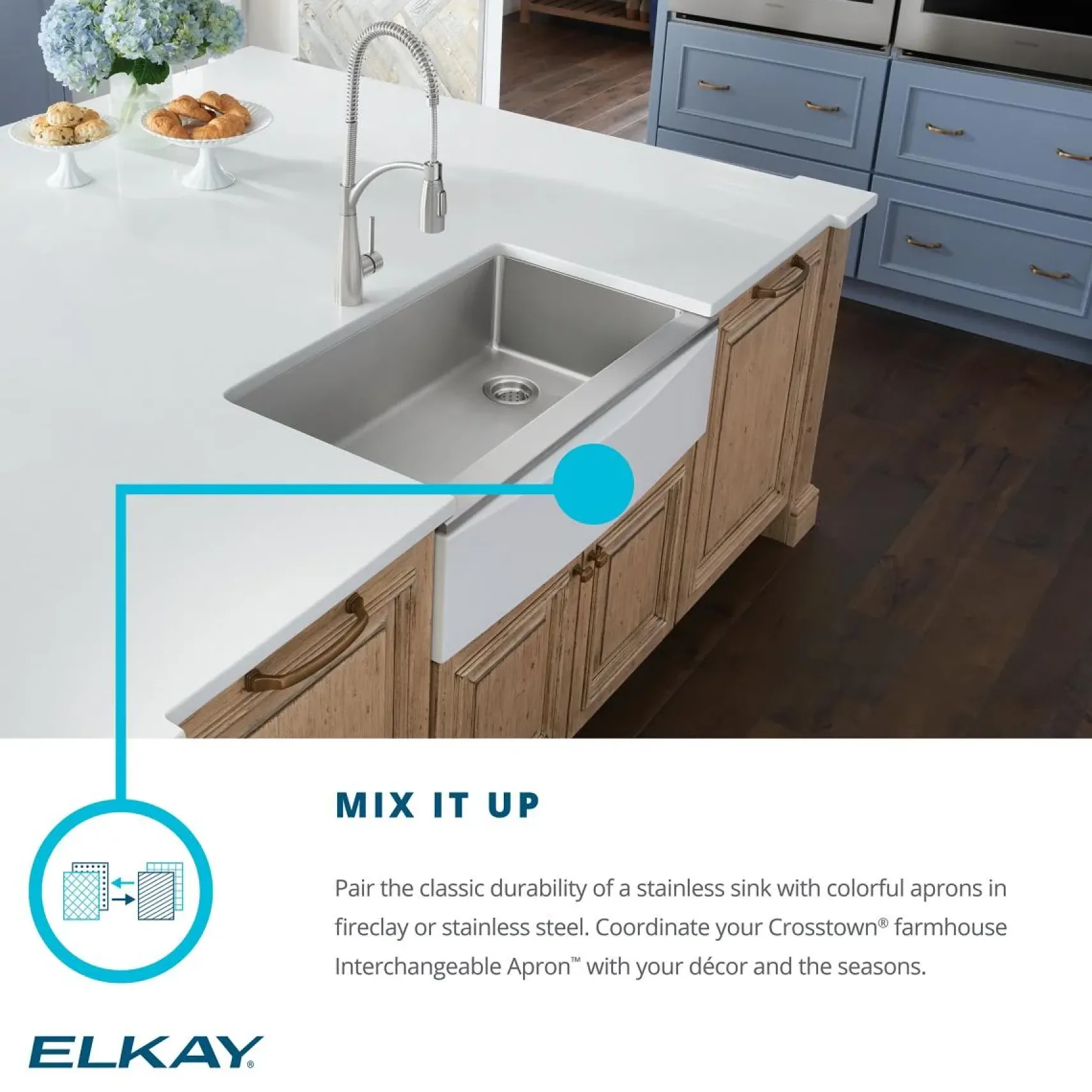 Elkay Crosstown 36" Stainless Steel Farmhouse Kitchen Sink for Interchangeable Apron, 16 Gauge, Polished Satin, CTXF134179R