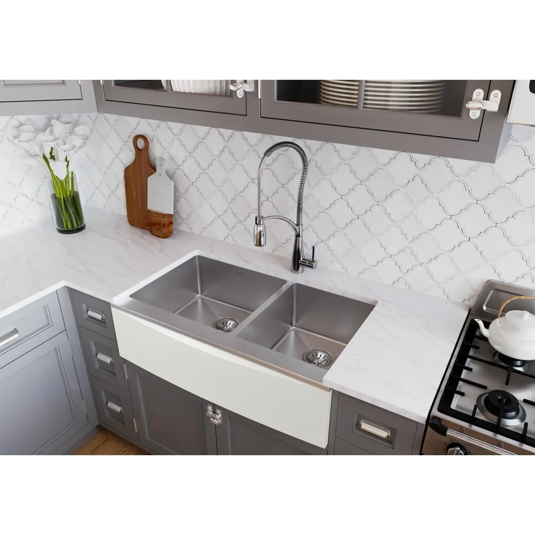 Elkay Crosstown 36" Stainless Steel Farmhouse Kitchen Sink for Interchangeable Apron, 55/65 Double Bowl, 16 Gauge, Polished Satin, CTXF234179