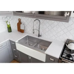 Elkay Crosstown 36" Stainless Steel Farmhouse Kitchen Sink for Interchangeable Apron, 50/50 Double Bowl, 16 Gauge, Polished Satin, CTXFA34179