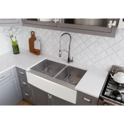 Elkay Crosstown 36" Stainless Steel Farmhouse Kitchen Sink for Interchangeable Apron, 55/65 Double Bowl, 16 Gauge, Polished Satin, CTXF234179C