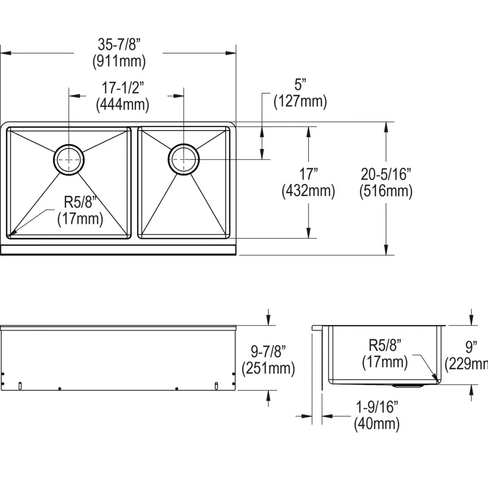 Elkay Crosstown 36" Stainless Steel Farmhouse Kitchen Sink for Interchangeable Apron, 55/65 Double Bowl, 16 Gauge, Polished Satin, CTXF234179C