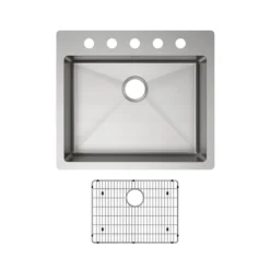 Elkay Crosstown 25" Stainless Steel Kitchen Sink Kit, Polished Satin, 5 Faucet Hole, ECTSRAD25226TBG5