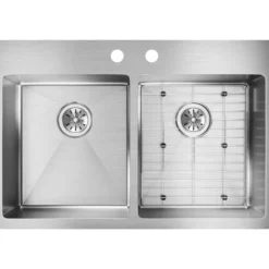 Elkay Crosstown 33" Stainless Steel Kitchen Sink, 50/50 Double Bowl, 18 Gauge, Sink Kit, Polished Satin, 2 Faucet Hole, ECTSR33229TBG2