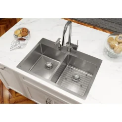 Elkay Crosstown 33" Stainless Steel Kitchen Sink, 50/50 Double Bowl, 18 Gauge, Sink Kit, Polished Satin, 2 Faucet Hole, ECTSR33229TBG2