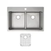 Elkay Crosstown 33" Stainless Steel Kitchen Sink, 50/50 Double Bowl, 18 Gauge, Sink Kit, Polished Satin, 1 Faucet Hole, ECTSRA33229TBG1