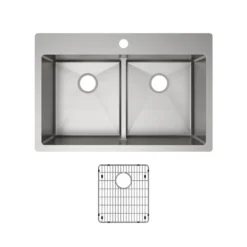 Elkay Crosstown 33" Stainless Steel Kitchen Sink, 50/50 Double Bowl, 18 Gauge, Sink Kit, Polished Satin, 1 Faucet Hole, ECTSRA33229TBG1