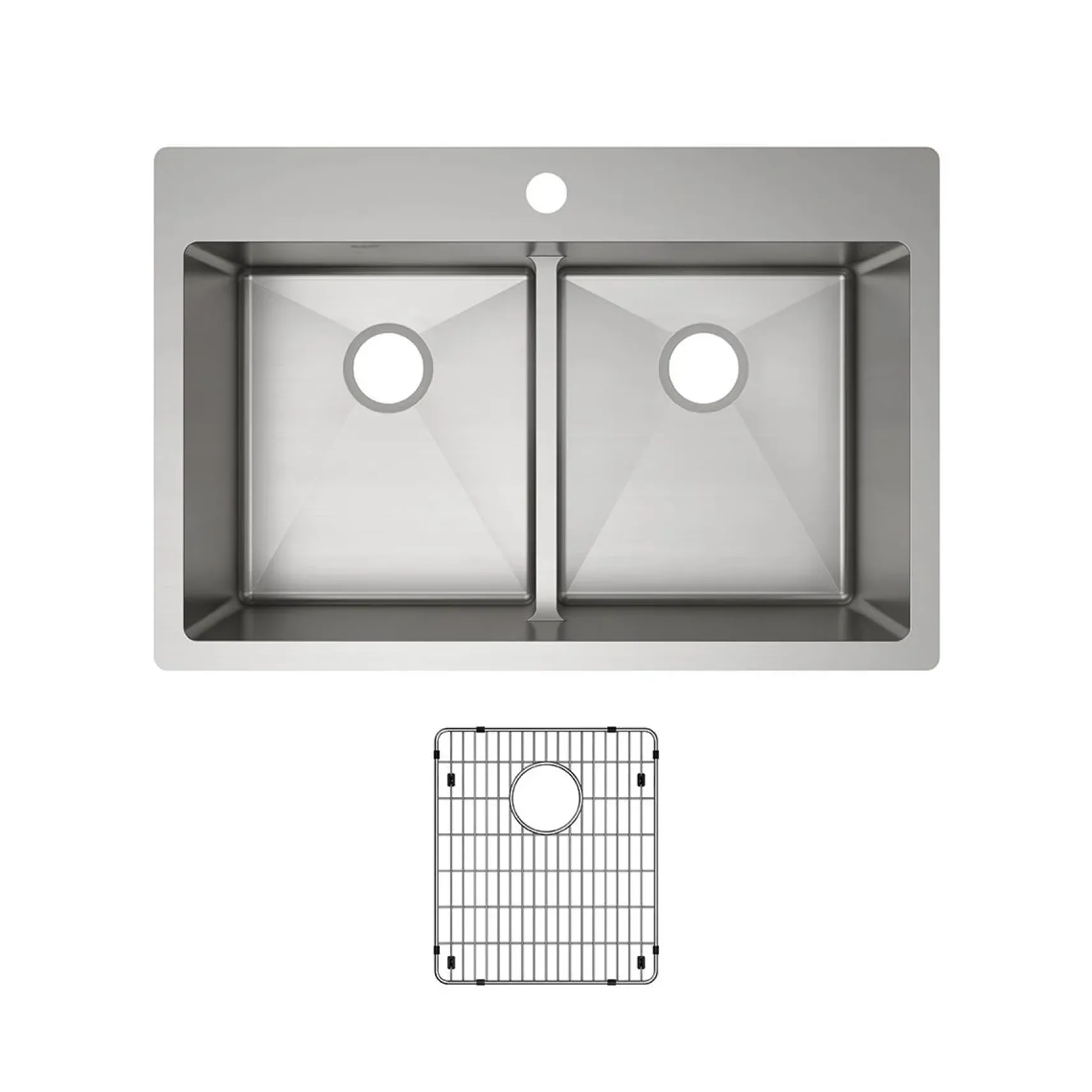 Elkay Crosstown 33" Stainless Steel Kitchen Sink, 50/50 Double Bowl, 18 Gauge, Sink Kit, Polished Satin, 1 Faucet Hole, ECTSRA33229TBG1