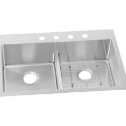 Elkay Crosstown 33" Stainless Steel Kitchen Sink, 50/50 Double Bowl, 18 Gauge, Sink Kit, Polished Satin, 1 Faucet Hole, ECTSRA33229TBG1