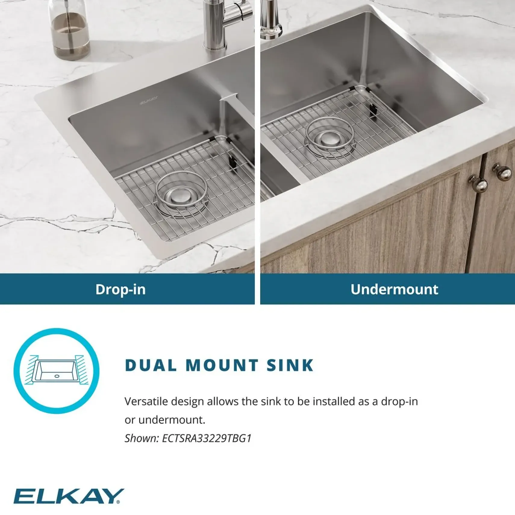 Elkay Crosstown 33" Stainless Steel Kitchen Sink, 50/50 Double Bowl, 18 Gauge, Sink Kit, Polished Satin, 1 Faucet Hole, ECTSRA33229TBG1