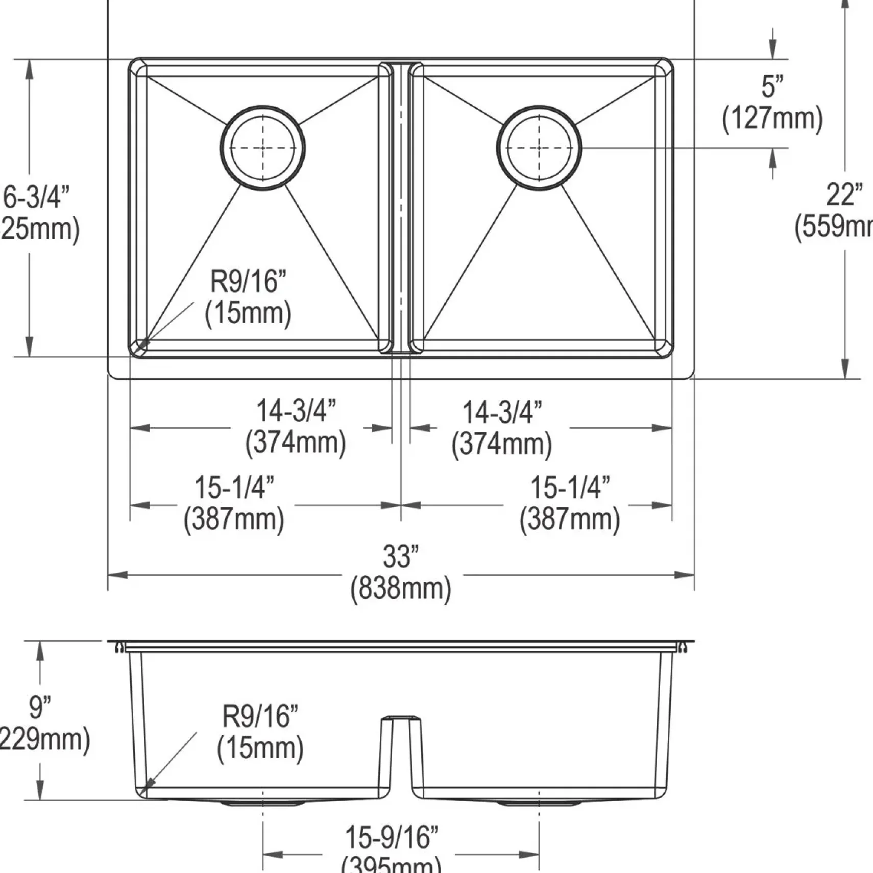 Elkay Crosstown 33" Stainless Steel Kitchen Sink, 50/50 Double Bowl, 18 Gauge, Sink Kit, Polished Satin, 1 Faucet Hole, ECTSRA33229TBG1